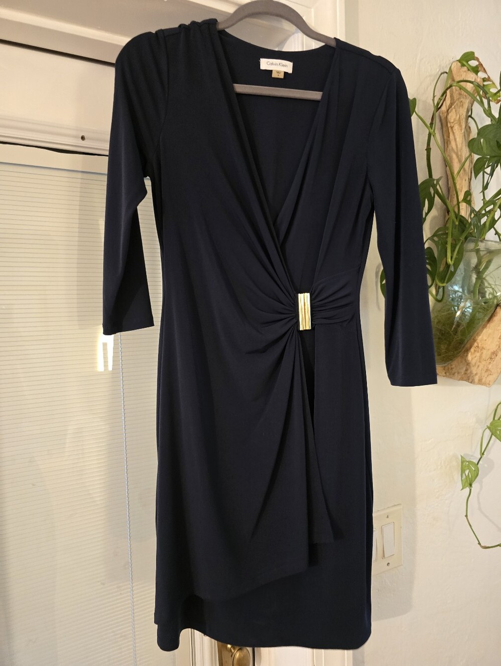 Calvin Klein Navy Midi Twist-Front Dress with Gold Detail